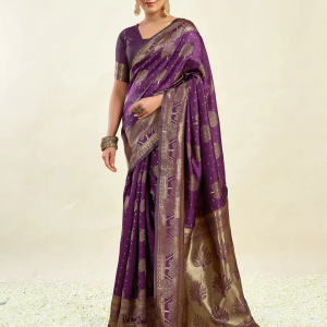 AXONIT Women's Silk Blend Banarasi Jacquard Zari Motifs Design Saree with Unstitched Blouse Piece