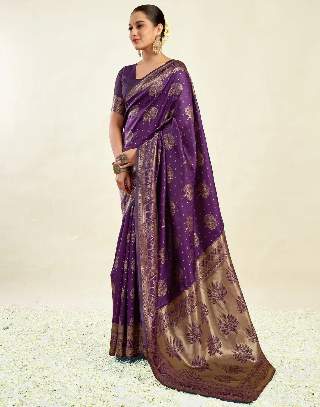 AXONIT Women's Silk Blend Banarasi Jacquard Zari Motifs Design Saree with Unstitched Blouse Piece