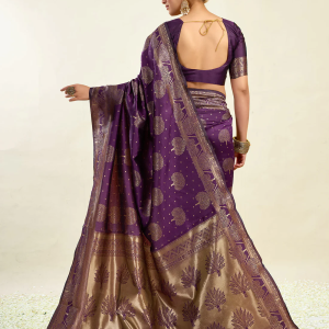 AXONIT Women's Silk Blend Banarasi Jacquard Zari Motifs Design Saree with Unstitched Blouse Piece