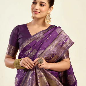 AXONIT Women's Silk Blend Banarasi Jacquard Zari Motifs Design Saree with Unstitched Blouse Piece