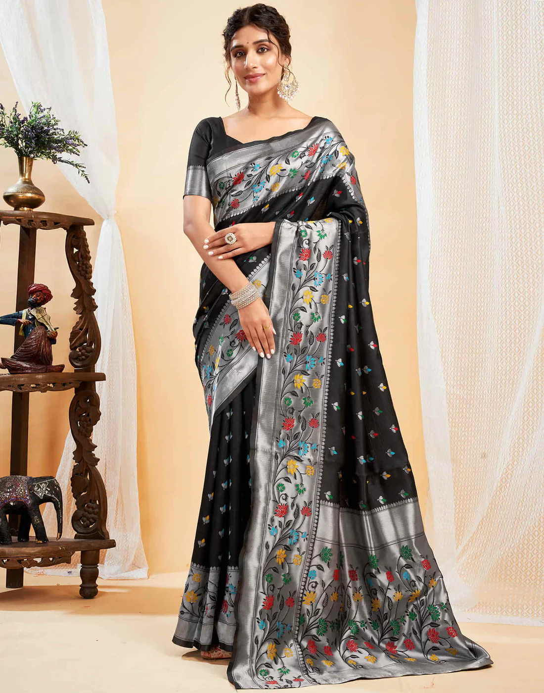 AXONIT Women's Silk Blend Banarasi Jacquard Multicolor Floral
