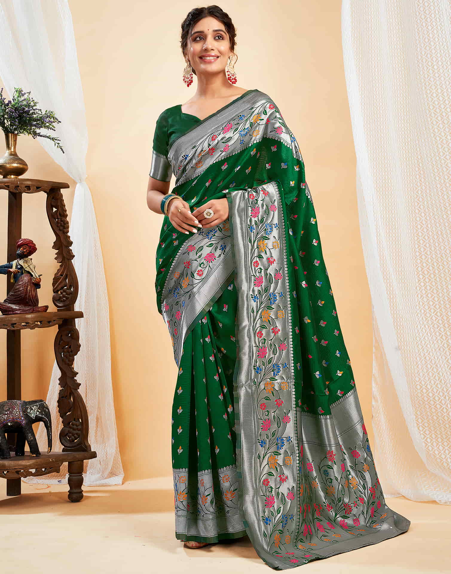 AXONIT Women's Silk Blend Banarasi Jacquard Multicolor Floral