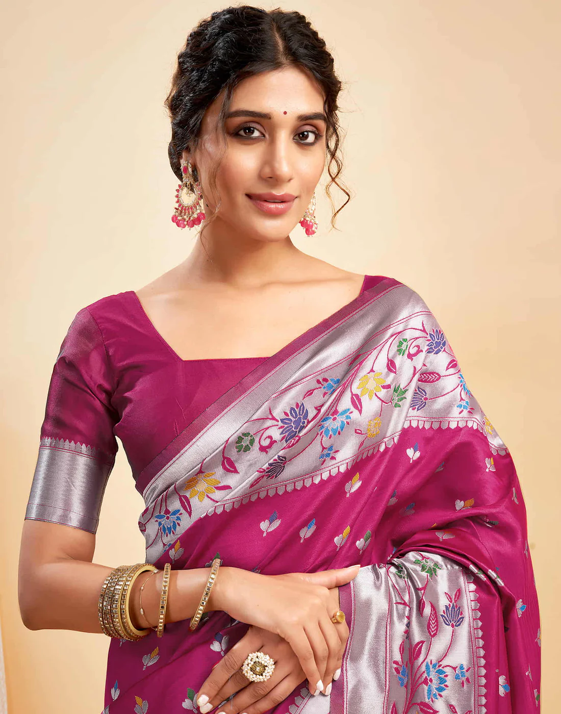 AXONIT Women's Silk Blend Banarasi Jacquard Multicolor Floral