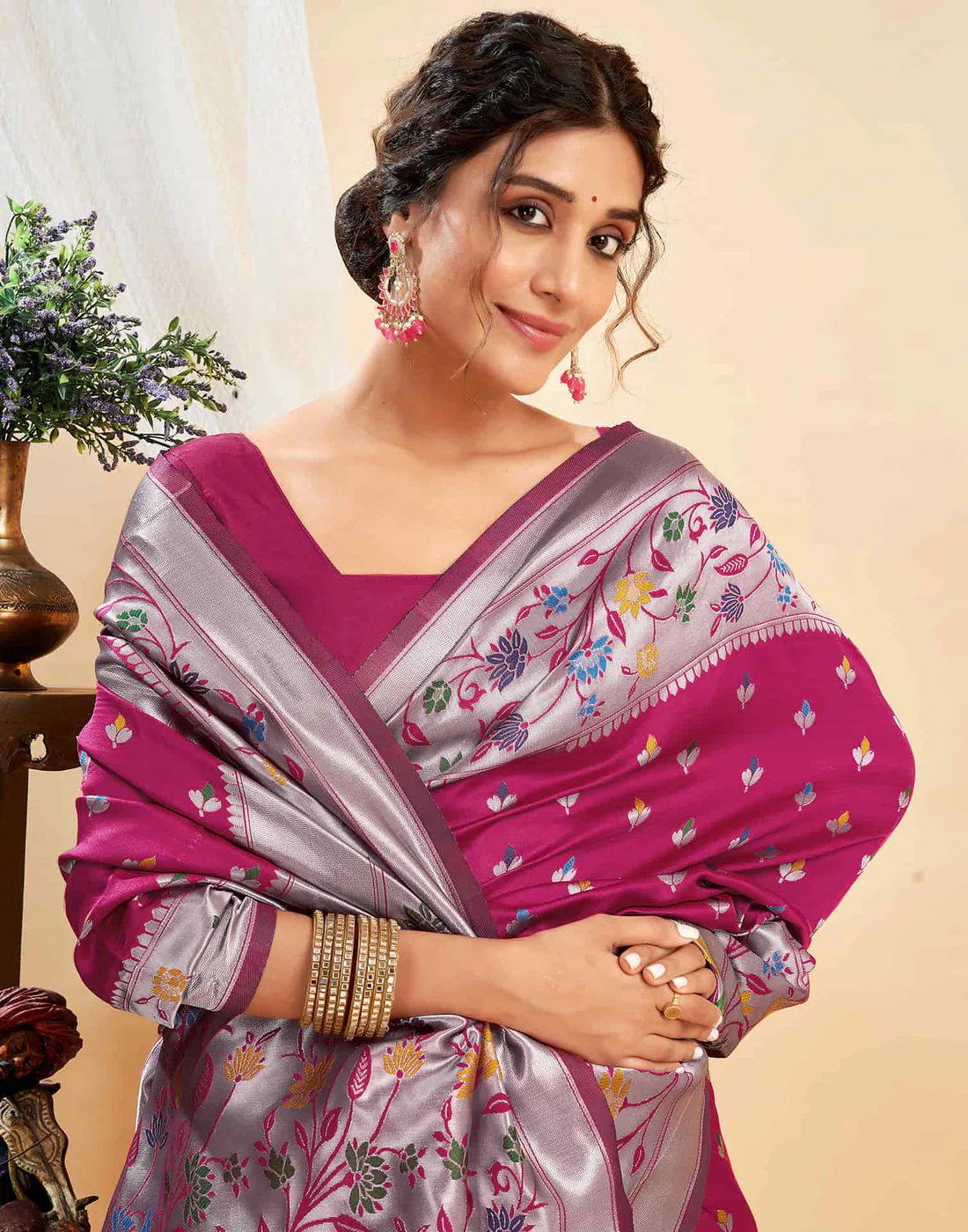 AXONIT Women's Silk Blend Banarasi Jacquard Multicolor Floral