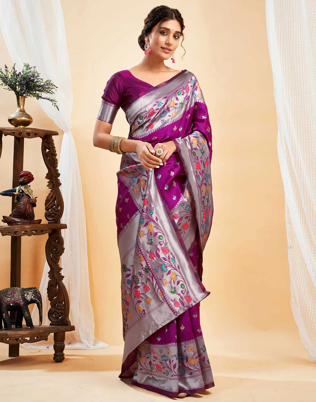 AXONIT Women's Silk Blend Banarasi Jacquard Multicolor Floral