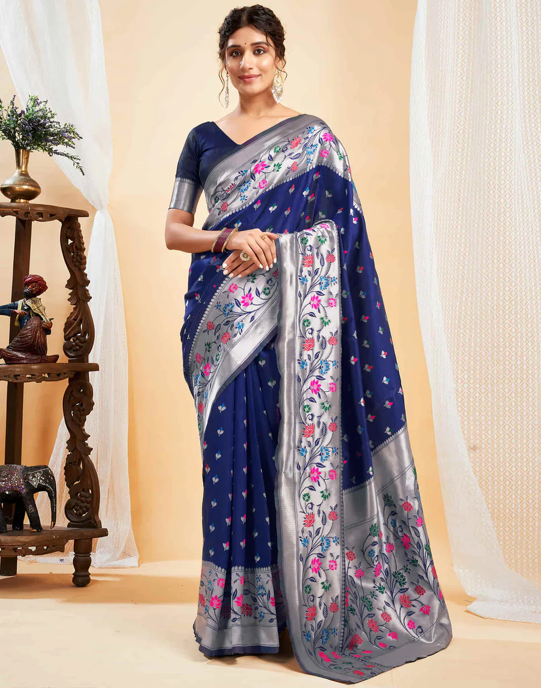 AXONIT Women's Silk Blend Banarasi Jacquard Multicolor Floral