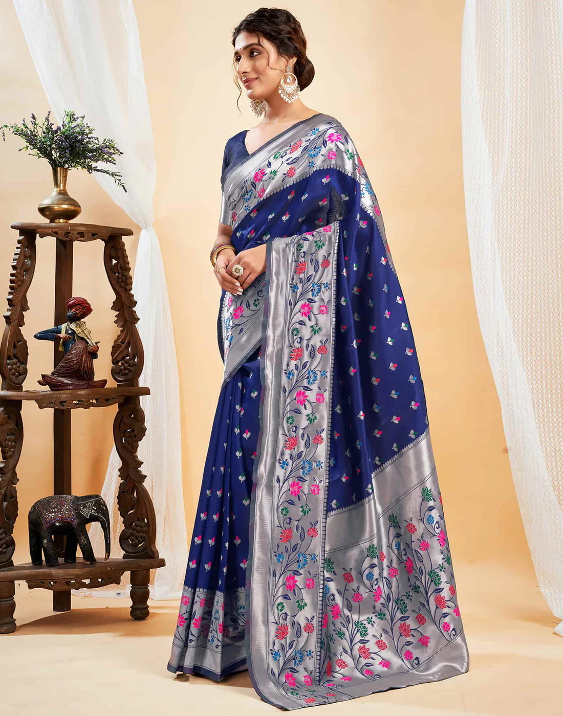 AXONIT Women's Silk Blend Banarasi Jacquard Multicolor Floral