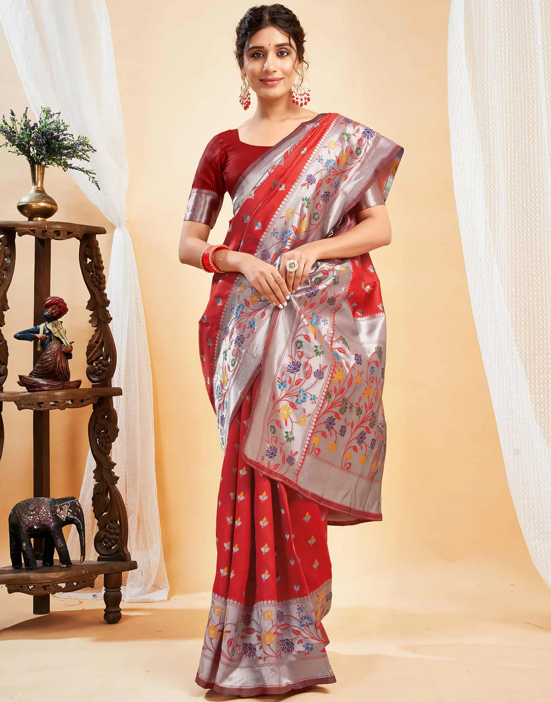 AXONIT Women's Silk Blend Banarasi Jacquard Multicolor Floral