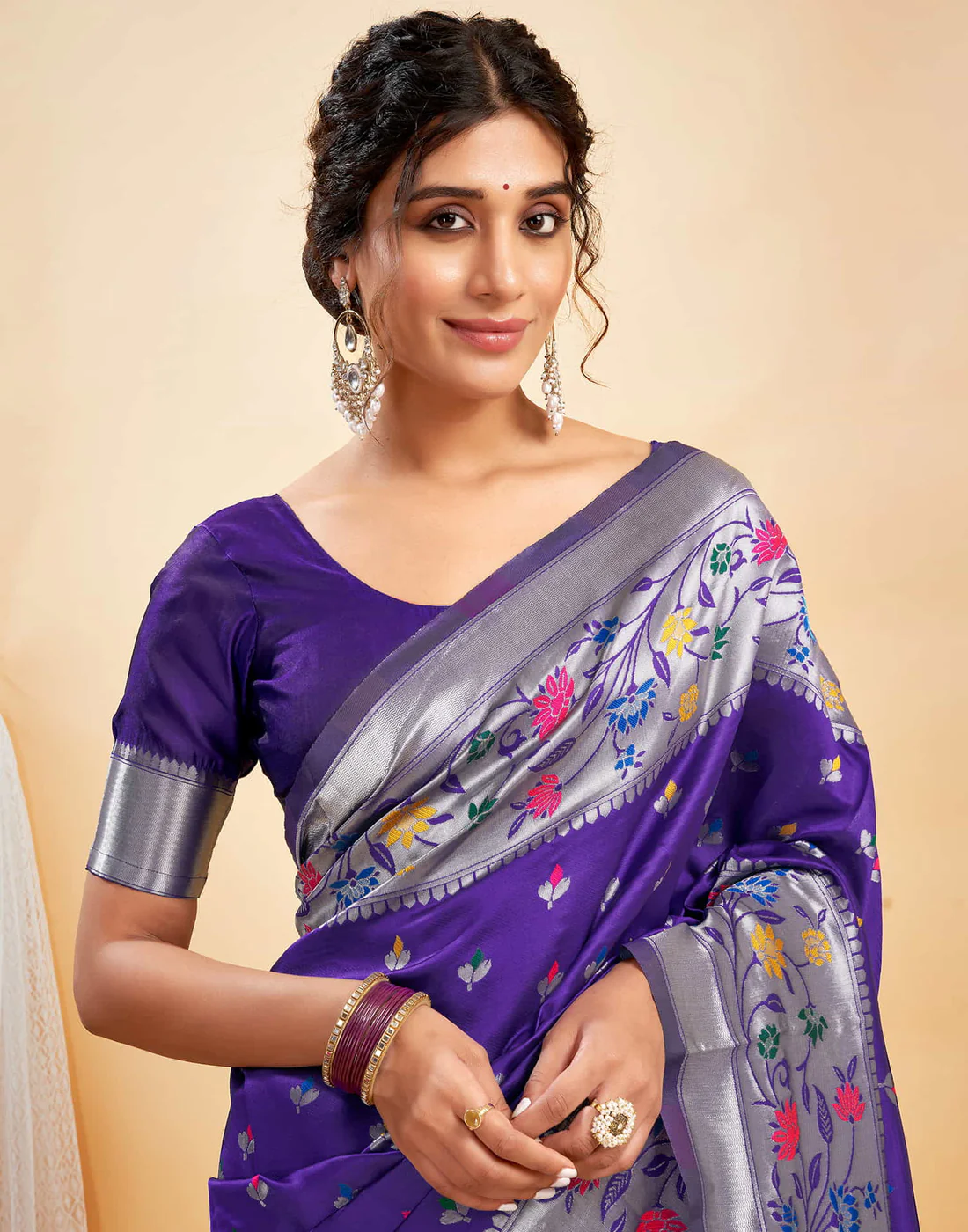 AXONIT Women's Silk Blend Banarasi Jacquard Multicolor Floral