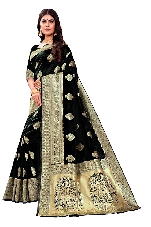 AXONIT Women's Silk Blend Banarasi Jacquard Zari Butta with Brocade Pallu Design Saree with Unstitched Blouse Piece