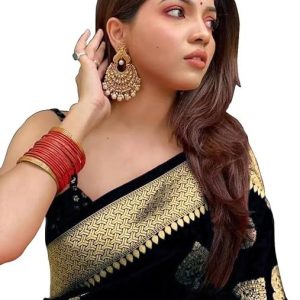 AXONIT Women's Silk Blend Banarasi Jacquard Zari Butta with Brocade Pallu Design Saree with Unstitched Blouse Piece