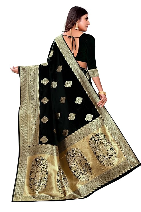 AXONIT Women's Silk Blend Banarasi Jacquard Zari Butta with Brocade Pallu Design Saree with Unstitched Blouse Piece