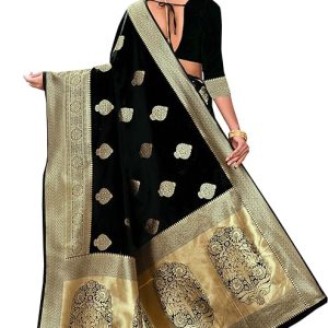 AXONIT Women's Silk Blend Banarasi Jacquard Zari Butta with Brocade Pallu Design Saree with Unstitched Blouse Piece