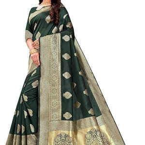 AXONIT Women's Silk Blend Banarasi Jacquard Zari Butta with Brocade Pallu Design Saree with Unstitched Blouse Piece