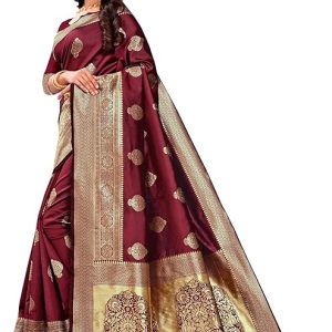 AXONIT Women's Silk Blend Banarasi Jacquard Zari Butta with Brocade Pallu Design Saree with Unstitched Blouse Piece