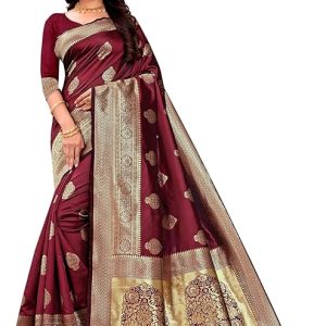 AXONIT Women's Silk Blend Banarasi Jacquard Zari Butta with Brocade Pallu Design Saree with Unstitched Blouse Piece