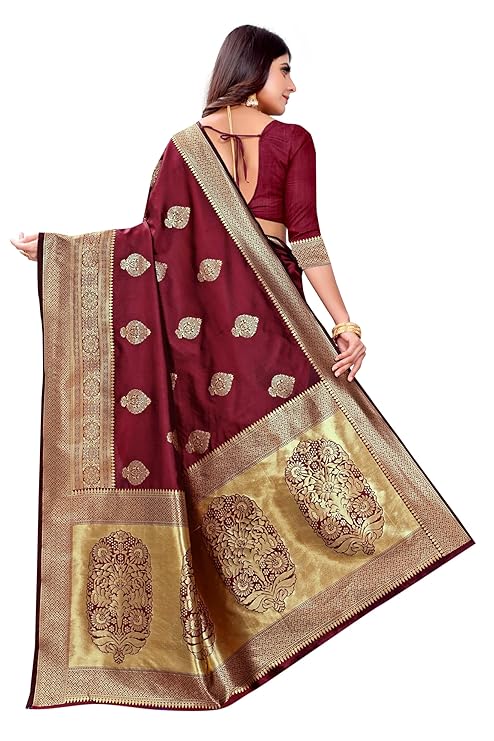 AXONIT Women's Silk Blend Banarasi Jacquard Zari Butta with Brocade Pallu Design Saree with Unstitched Blouse Piece