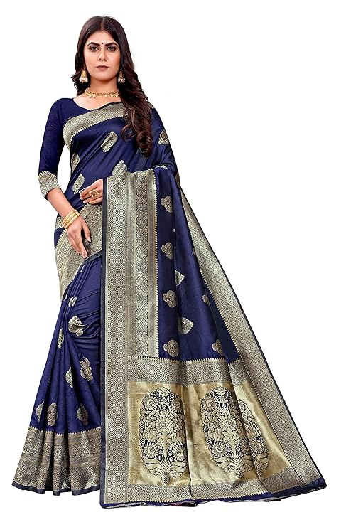 AXONIT Women's Silk Blend Banarasi Jacquard Zari Butta with Brocade Pallu Design Saree with Unstitched Blouse Piece