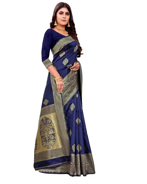 AXONIT Women's Silk Blend Banarasi Jacquard Zari Butta with Brocade Pallu Design Saree with Unstitched Blouse Piece