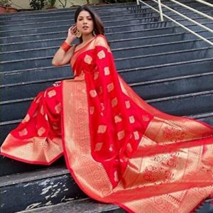 AXONIT Women's Silk Blend Banarasi Jacquard Zari Butta with Brocade Pallu Design Saree with Unstitched Blouse Piece