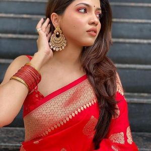 AXONIT Women's Silk Blend Banarasi Jacquard Zari Butta with Brocade Pallu Design Saree with Unstitched Blouse Piece