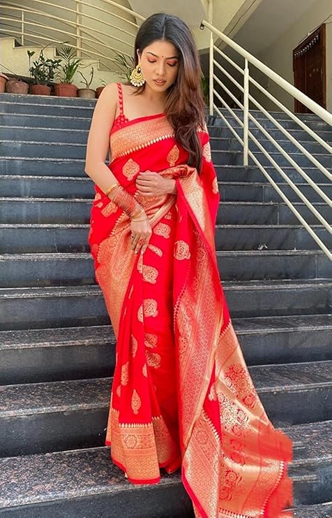 AXONIT Women's Silk Blend Banarasi Jacquard Zari Butta with Brocade Pallu Design Saree with Unstitched Blouse Piece
