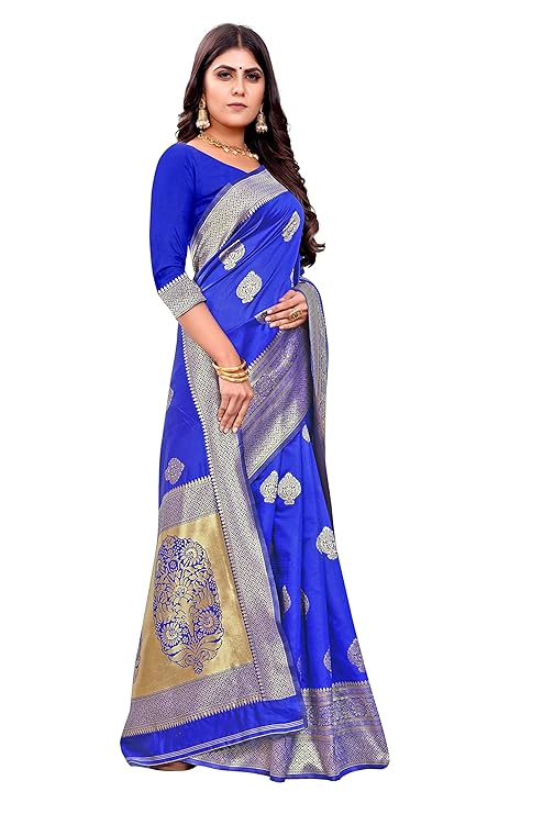 AXONIT Women's Silk Blend Banarasi Jacquard Zari Butta with Brocade Pallu Design Saree with Unstitched Blouse Piece