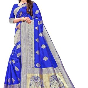 AXONIT Women's Silk Blend Banarasi Jacquard Zari Butta with Brocade Pallu Design Saree with Unstitched Blouse Piece