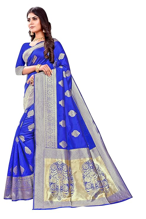 AXONIT Women's Silk Blend Banarasi Jacquard Zari Butta with Brocade Pallu Design Saree with Unstitched Blouse Piece