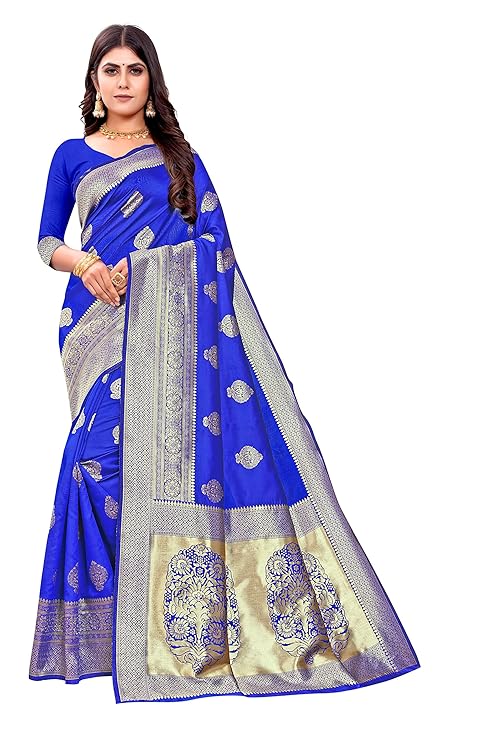 AXONIT Women's Silk Blend Banarasi Jacquard Zari Butta with Brocade Pallu Design Saree with Unstitched Blouse Piece