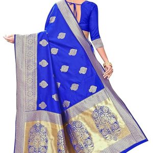 AXONIT Women's Silk Blend Banarasi Jacquard Zari Butta with Brocade Pallu Design Saree with Unstitched Blouse Piece