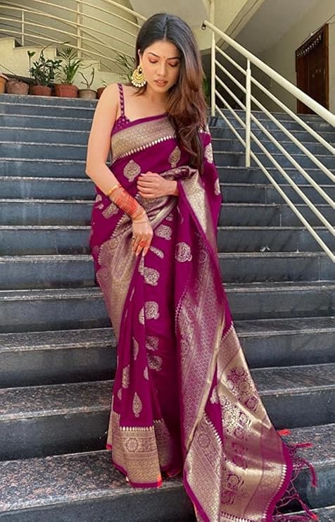AXONIT Women's Silk Blend Banarasi Jacquard Zari Butta with Brocade Pallu Design Saree with Unstitched Blouse Piece