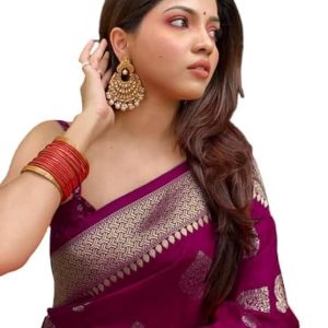AXONIT Women's Silk Blend Banarasi Jacquard Zari Butta with Brocade Pallu Design Saree with Unstitched Blouse Piece