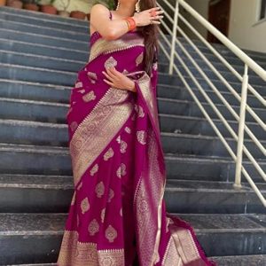 AXONIT Women's Silk Blend Banarasi Jacquard Zari Butta with Brocade Pallu Design Saree with Unstitched Blouse Piece