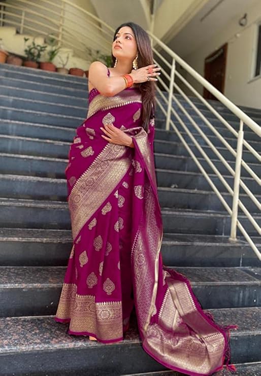AXONIT Women's Silk Blend Banarasi Jacquard Zari Butta with Brocade Pallu Design Saree with Unstitched Blouse Piece