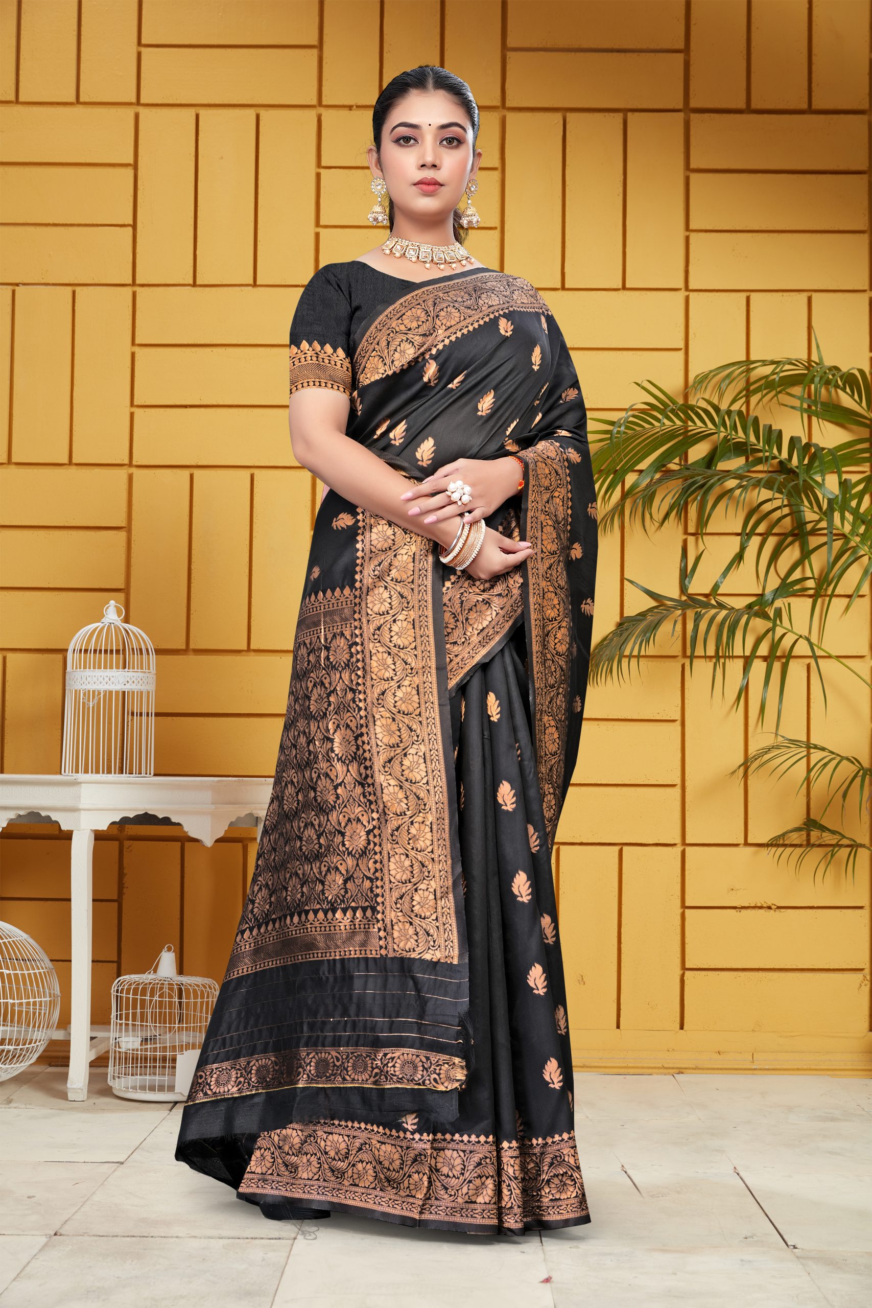 AXONIT Women's Silk Blend Banarasi Jacquard Leaf Motifs Design Saree with Unstitched Blouse Piece - Black