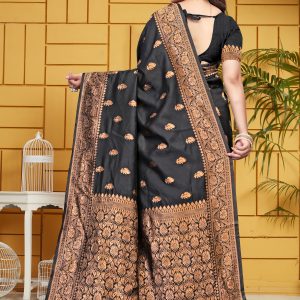 AXONIT Women's Silk Blend Banarasi Jacquard Leaf Motifs Design Saree with Unstitched Blouse Piece - Black