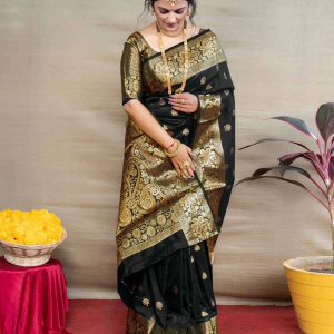 AXONIT Women's Silk Blend Banarasi Jacquard Floral & Paisley Design Saree with Unstitched Blouse Piece