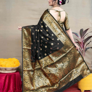 AXONIT Women's Silk Blend Banarasi Jacquard Floral & Paisley Design Saree with Unstitched Blouse Piece