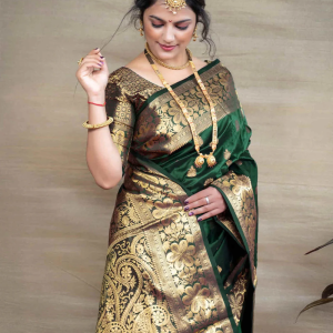 AXONIT Women's Silk Blend Banarasi Jacquard Floral & Paisley Design Saree with Unstitched Blouse Piece