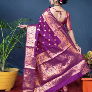 AXONIT Women's Silk Blend Banarasi Jacquard Floral & Paisley Design Saree with Unstitched Blouse Piece