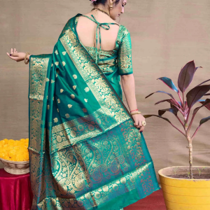 AXONIT Women's Silk Blend Banarasi Jacquard Floral & Paisley Design Saree with Unstitched Blouse Piece