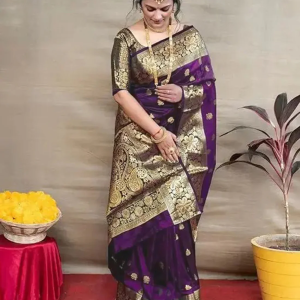 AXONIT Women's Silk Blend Banarasi Jacquard Floral & Paisley Design Saree with Unstitched Blouse Piece