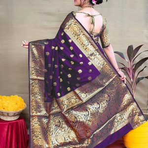 AXONIT Women's Silk Blend Banarasi Jacquard Floral & Paisley Design Saree with Unstitched Blouse Piece