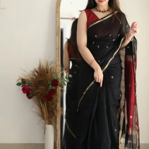 AXONIT Women's Cotton Saree with Zari Motifs & Dual Tone Finish with Unstitched Blouse Piece