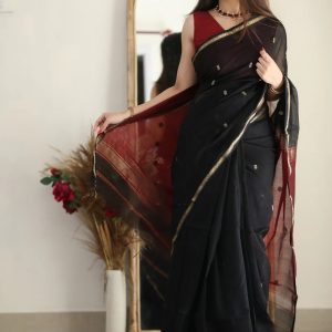 AXONIT Women's Cotton Saree with Zari Motifs & Dual Tone Finish with Unstitched Blouse Piece