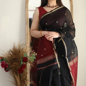 AXONIT Women's Cotton Saree with Zari Motifs & Dual Tone Finish with Unstitched Blouse Piece