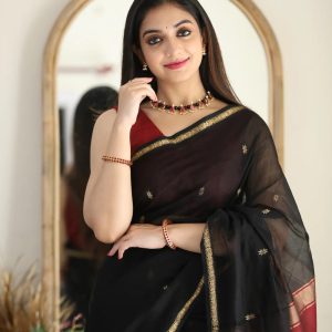 AXONIT Women's Cotton Saree with Zari Motifs & Dual Tone Finish with Unstitched Blouse Piece