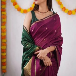 AXONIT Women's Cotton Saree with Zari Motifs & Dual Tone Finish with Unstitched Blouse Piece