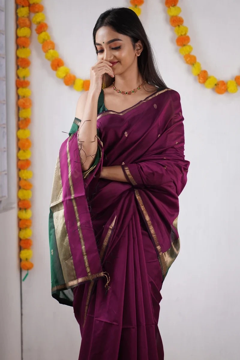 AXONIT Women's Cotton Saree with Zari Motifs & Dual Tone Finish with Unstitched Blouse Piece